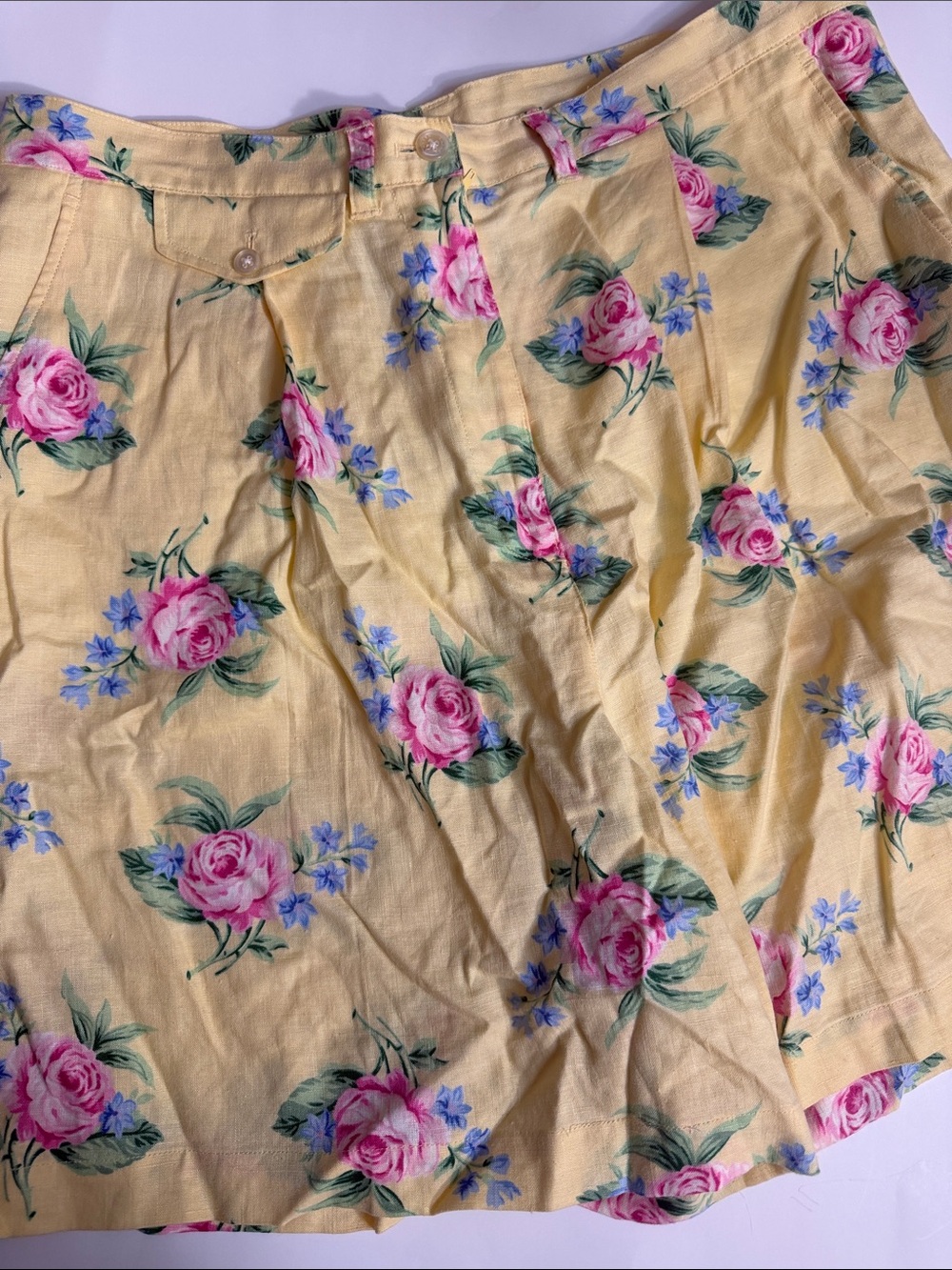 Vintage Lauren Ralph Lauren Yellow Floral Bermuda Shorts with Pink Rose Print